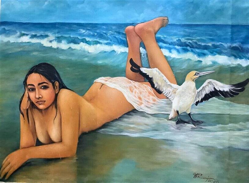 Painting Artwork by VG RAJAN Oil on canvas, realistic,The virgin who forgets everything in the background of the sea ,Oil,Canvas,Realism,Nude,Women,sea,beach,#435EA9,#438C97,#FBE854,#FFF